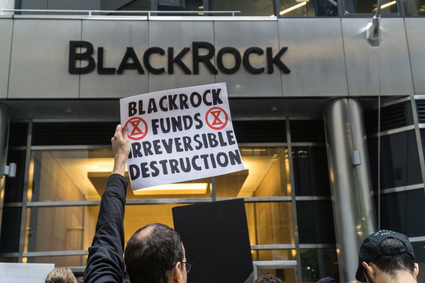 Climate activists protest outside BlackRock’s Manhattan HQ on 29 October 2019. 
