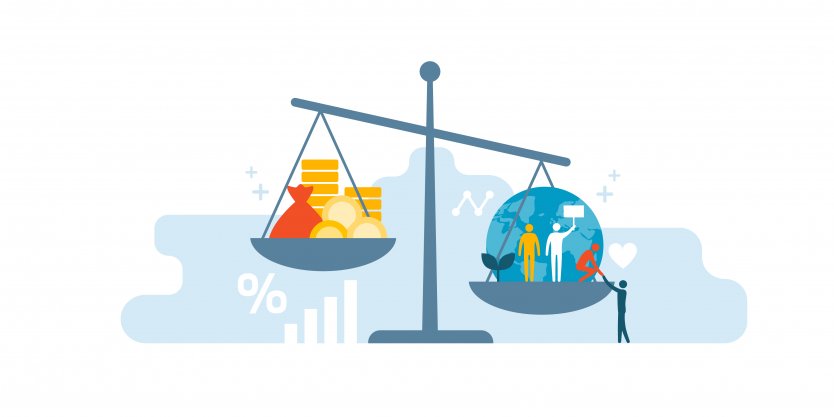 Illustration of scales balancing money with social responsibility