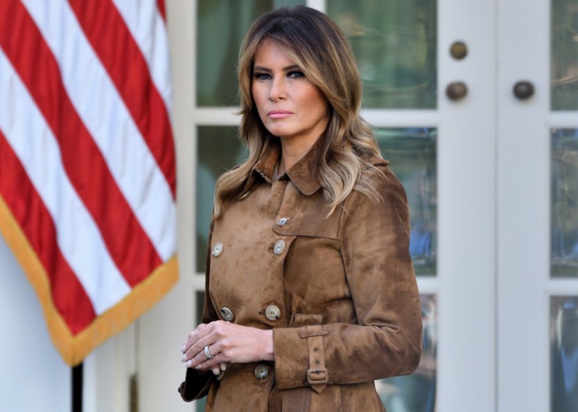 Former First Lady of the United States, Melania Trump, pictured against a door and flag