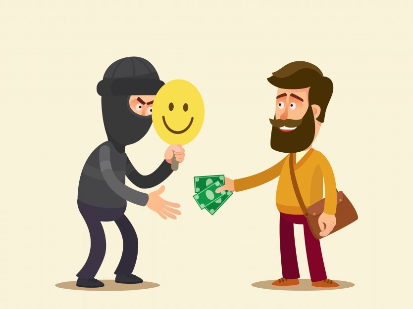 Illustration of a masked man in black hiding behind smiley face, with another man handing over money 