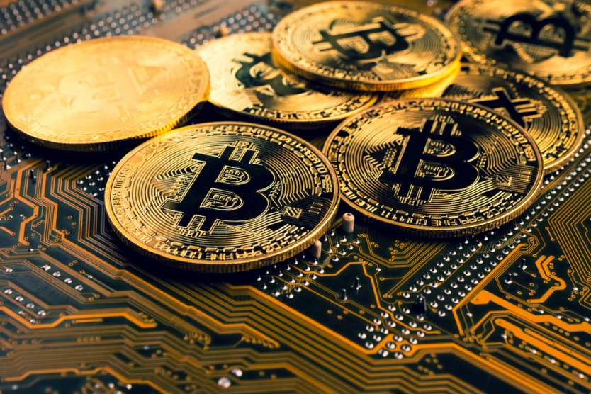 Golden coins with bitcoin symbol displayed on a circuit board