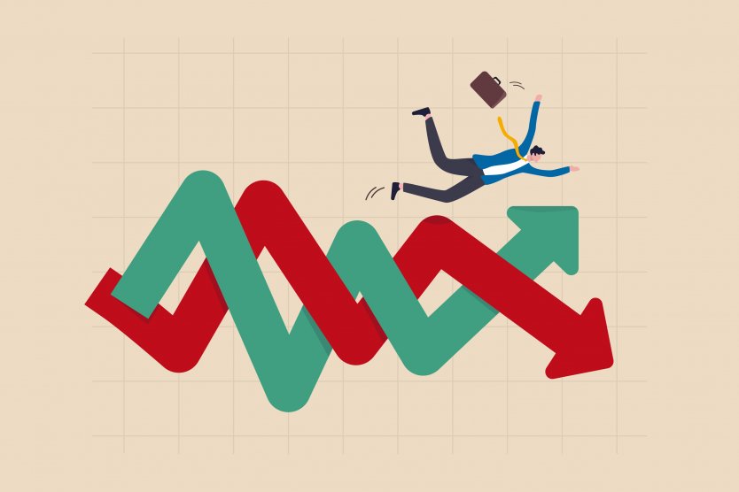 Cartoon image of man trapped in bull and bear market – Photo: Shutterstock