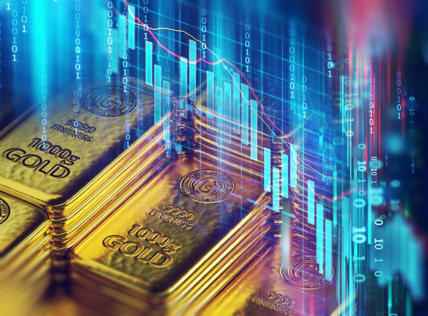 Stacks of gold bars among a 3D stock chart – Photo: Shutterstock