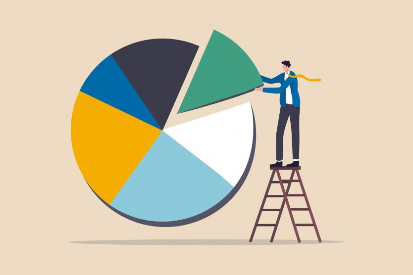 2D image of business man on ladder removing wedge from pie chart