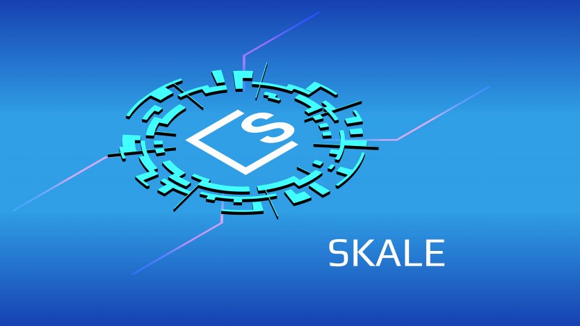 The SKALE logo, showing a letter S and a geometric shape in white, within a pale blue geometric circle, on a darker blue background