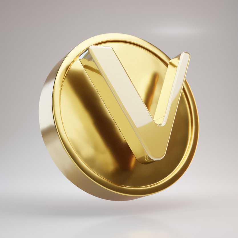 A VeChain coin displaying the V logo 