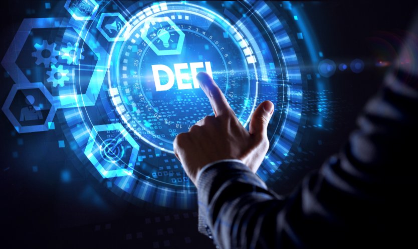 A person pointing to a futuristic blue and white DeFi graphic on a screen
