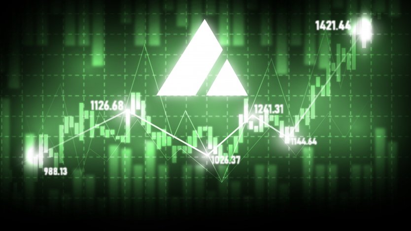 Avalanche (AVAX) Cryptocurrency Symbol with stock-market diagram in glowing green color background.Price rise,high profit,going up digital and technology concept