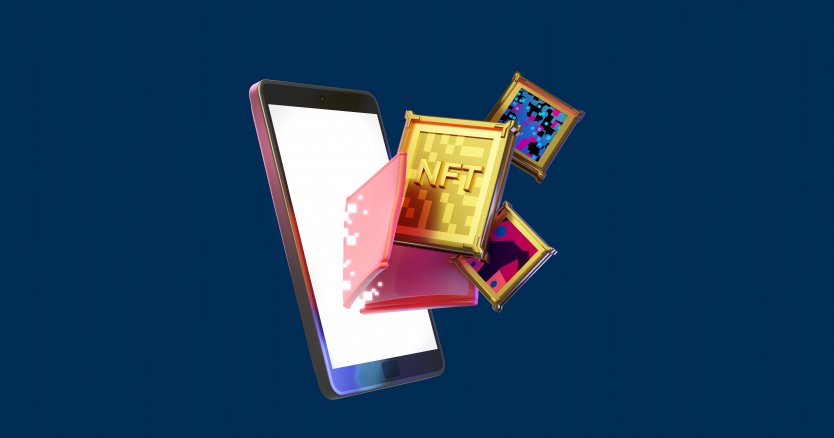 Digital depiction of NFT icons floating from a smartphone screen, on a dark background