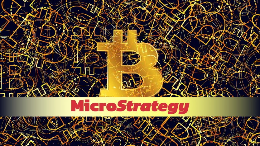 MicroStrategy logo under Bitcoin logo on a bitcoin logo background – Photo: Shutterstock