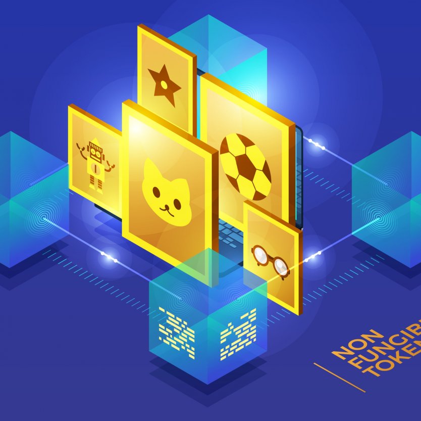 A range of NFT icons illustrated on golden tokens, featuring a cat, a football, a star, a robot and spectacles, on a blue background