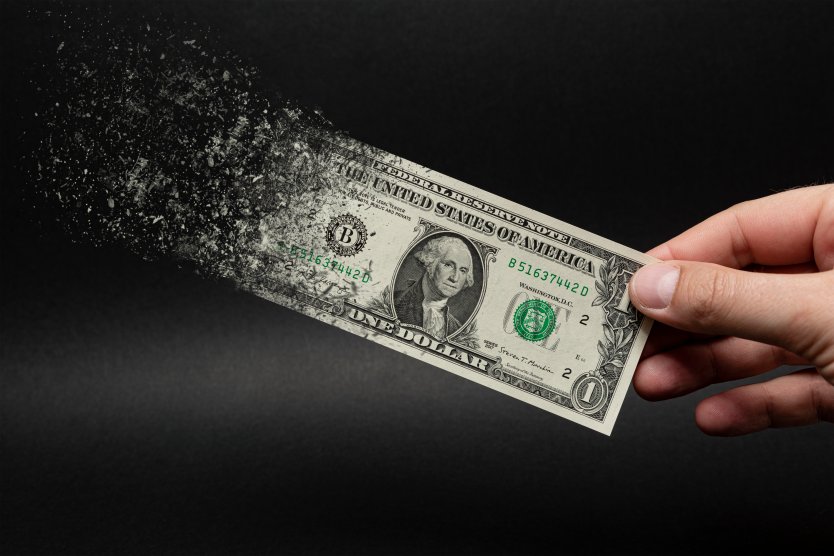 A hand holds a disintegrating one dollar bill 