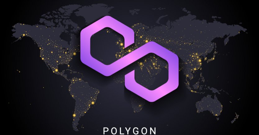 Polygon crypto currency digital payment system blockchain concept. Cryptocurrency isolated on earth night lights world map background.