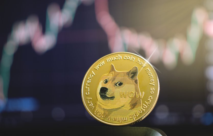 Representation of a DOGE coin in front of a cryptocurrency trading chart