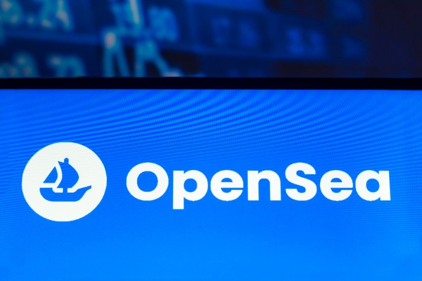 Logo of NFT platform OpenSea, in blue and white, shown on a computer screen