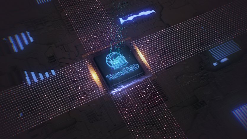 TerraUSD logo in blue neon on a stylised digital circuit board