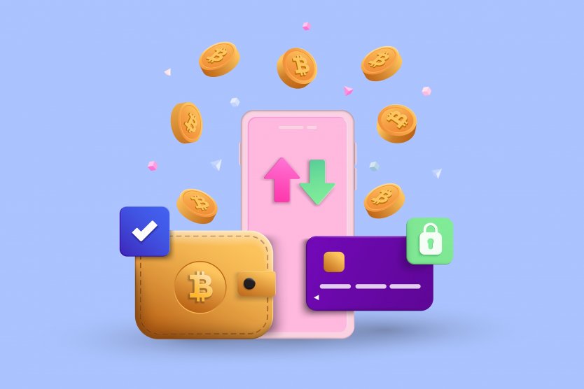 Portafoglio, carta di credito e telefono color pastello, con bitcoin che si muovono tra di loro