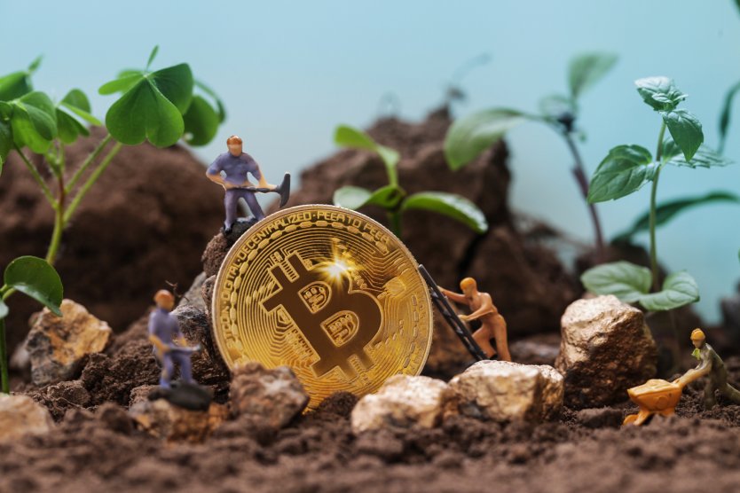 Figurine miners around a large bitcoin, standing among dirt, rocks and greenery – Photo: Shutterstock