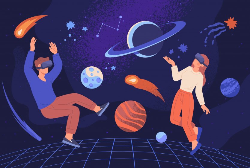 Cartoon image of two people wearing VR helmets, surrounded by planetary objects – Photo: Shutterstock