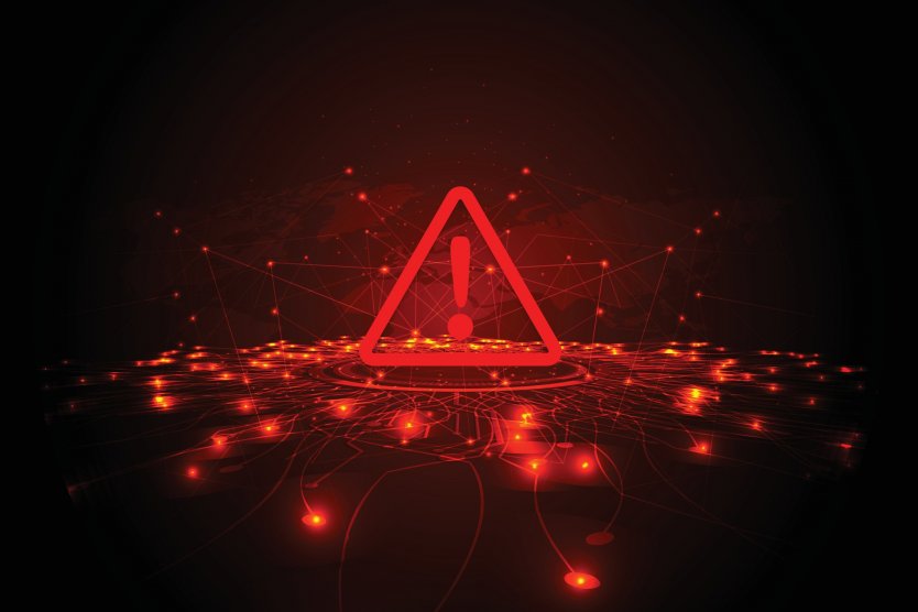 Red warning sign against red LED lights and world map 