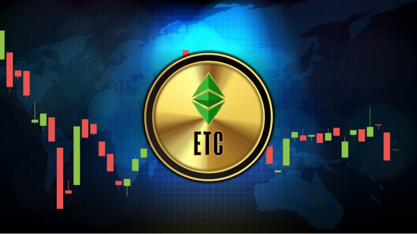 Representation of an Ethereum Classic (ETC) token overlaid on a candlestick trading chart