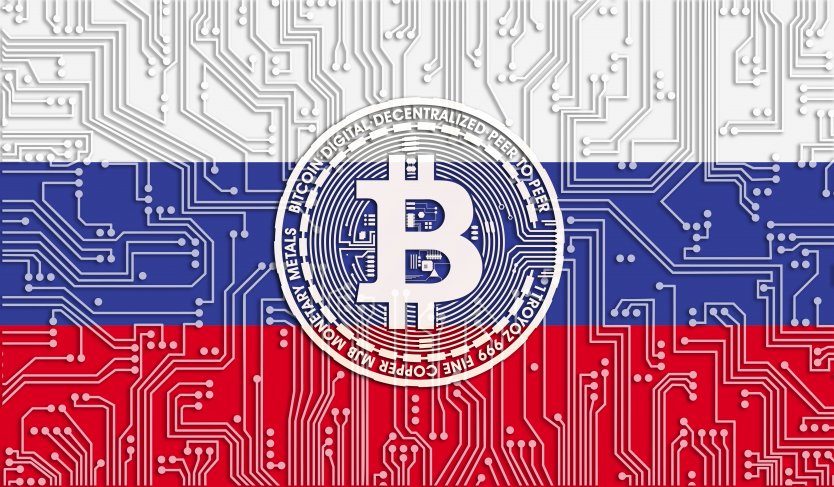 The Bitcoin logo on a Russian flag