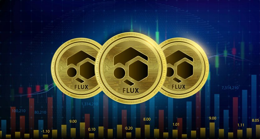 Flux logo on three gold coins on a dark blue background