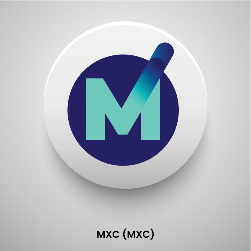 MXC's M logo in pale blue on a dark blue background, mounted on a white disc
