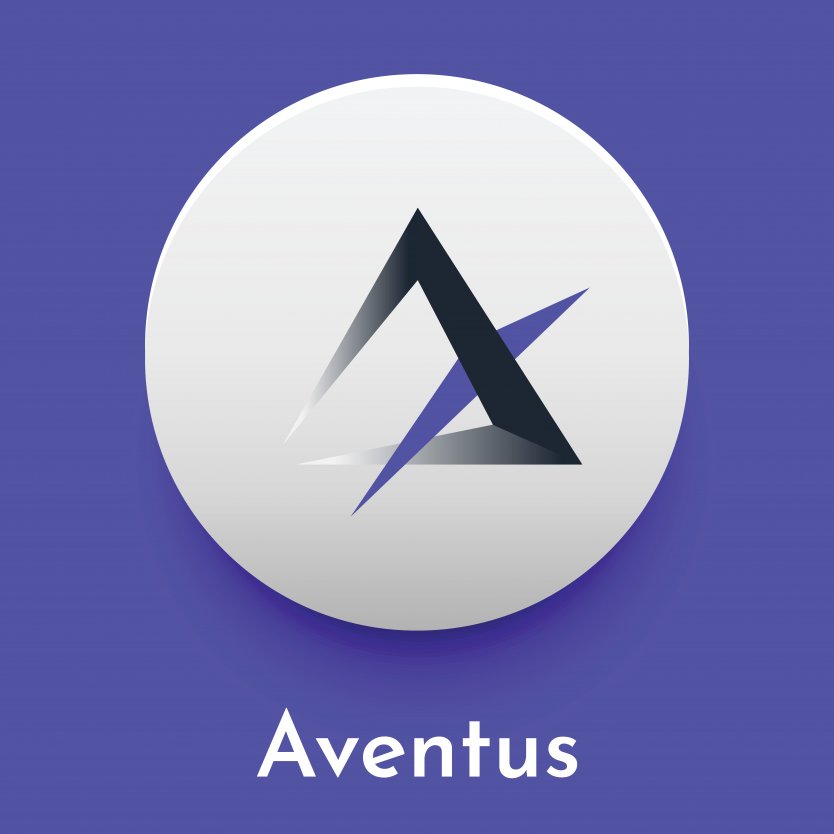 The Aventus logo, comprised of two overlaid geometric triangle shapes in black and blue on a white disc, itself laid on a blue background