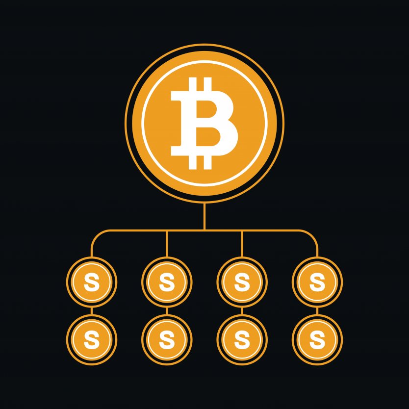 Representation of a Bitcoin divided into smaller Satoshi denominations