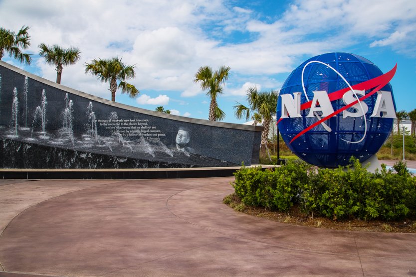 The Kennedy memorial next to the Nasa globe at the Space Center, Cape Canaveral, Florida