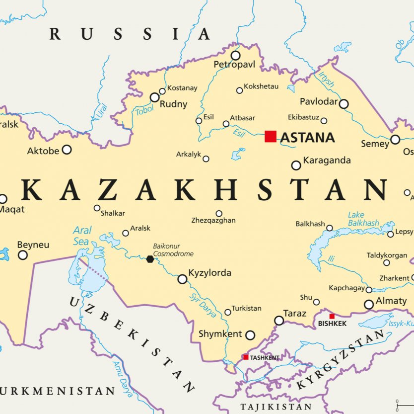 Kazakhstan political map with capital Astana, national borders, important cities, rivers and lakes. Republic in Central Asia and the worlds largest landlocked country. English labeling. Illustration.