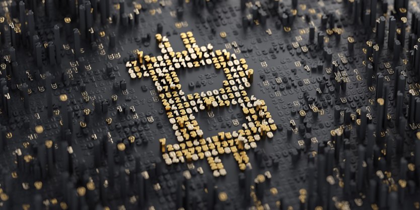 A series of golden-coloured numbers form the Bitcoin symbol
