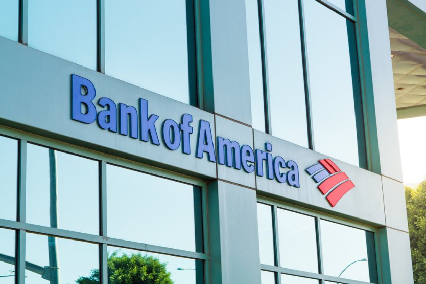 LOS ANGELES, USA - AUGUST 28, 2017: The logo of Bank of America in modern office building in Beverly Hills. Bank of America is a banking and financial services corporation. Editorial.