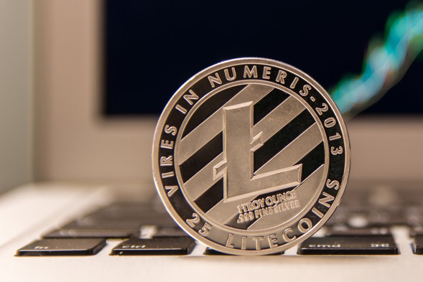 A representative Litecoin (LTC) token stands on its edge on a computer keyboard