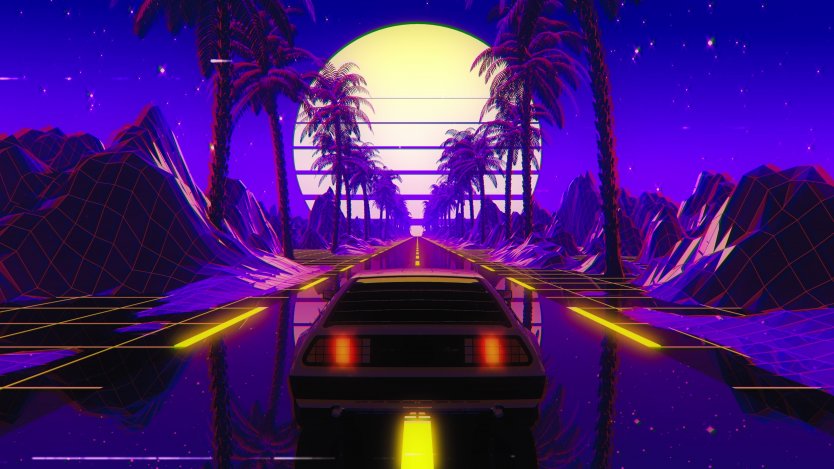 Video game graphic showing a sports car riding down a palm-lined boulevard towards a sunset