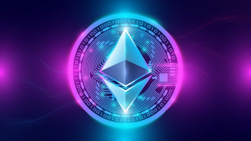 The Ethereum logo in blue and purple