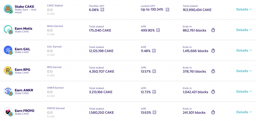 Screenshot of various staking pools and rewards on PancakeSwap – Source: pancakeswap.finance
