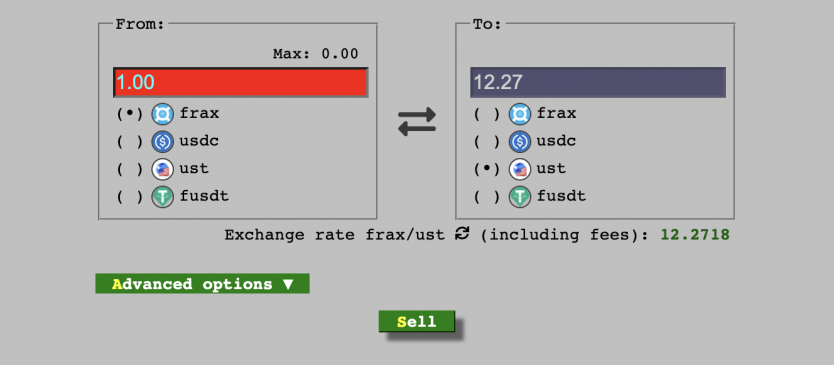 Screenshot of inflated exchange rate between FRAX and UST